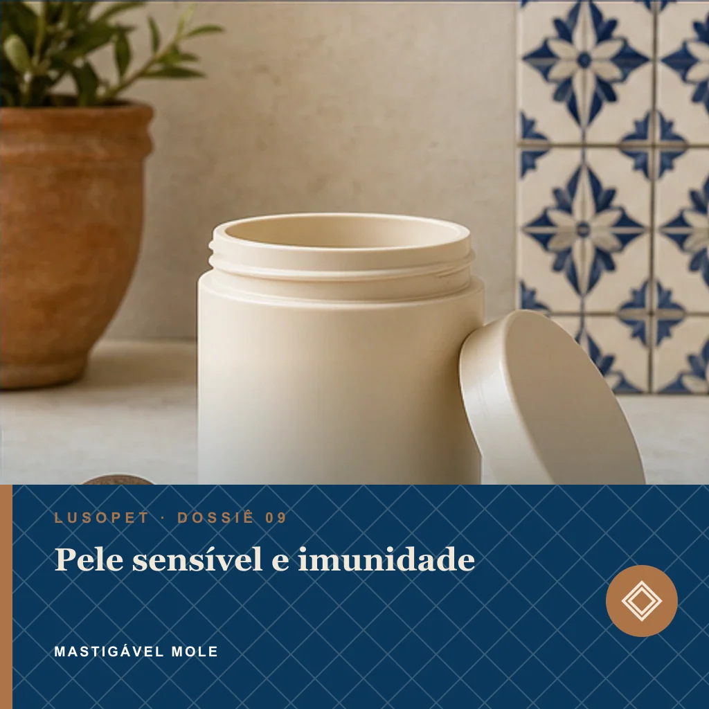Pele sensível e imunidade em mastigável mole, conceito de suplemento para marca própria Lusopet