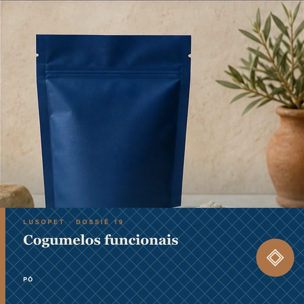 Cogumelos funcionais em pó, conceito de suplemento para marca própria Lusopet