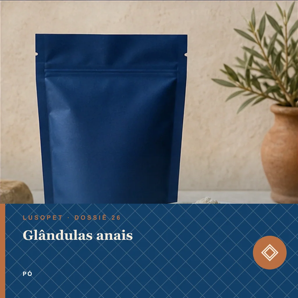 Glândulas anais em pó, conceito de suplemento para marca própria Lusopet